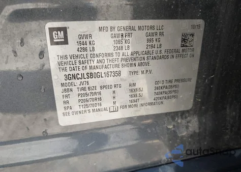 2016 Chevrolet Trax Lt z USA, uszkodzony, nr VIN 3GNCJLSB0GL167358